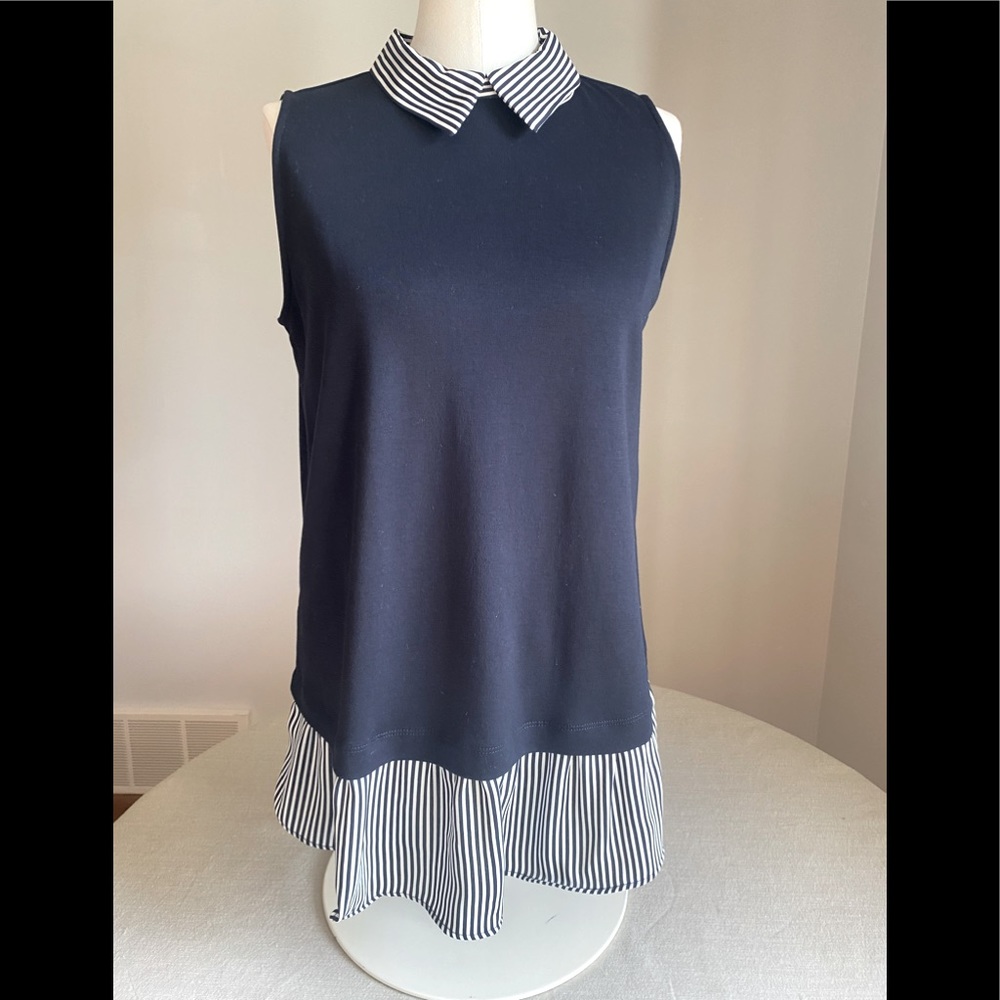 LOFT collared tunic in navy blue with blue&white stripe at neck & bottom. Size-M